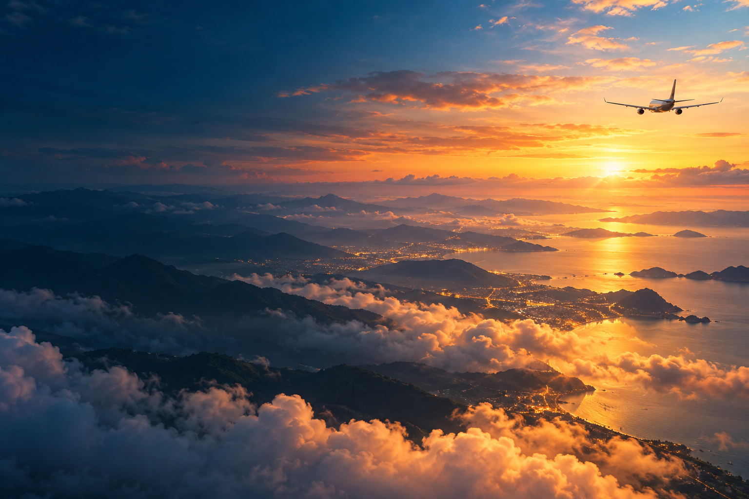 A plane heading toward a glowing sunrise over distant mountains and coastline